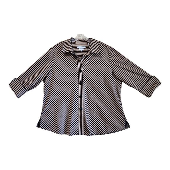 FOXCROFT Women's Plus 20 W Sateen Blouse Tan Black Bias Striped 3/4 Sleeve 52" - Picture 1 of 9